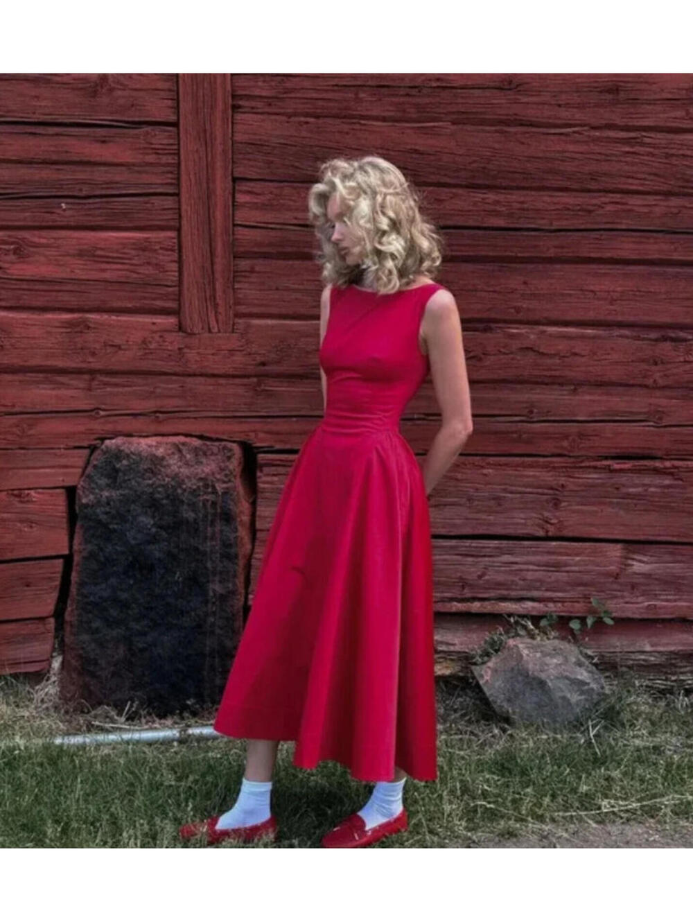 NWT Helsa Stretch Organic Cotton Sateen Midi Dress in Red  SIZE S $298msrp - Picture 2 of 13